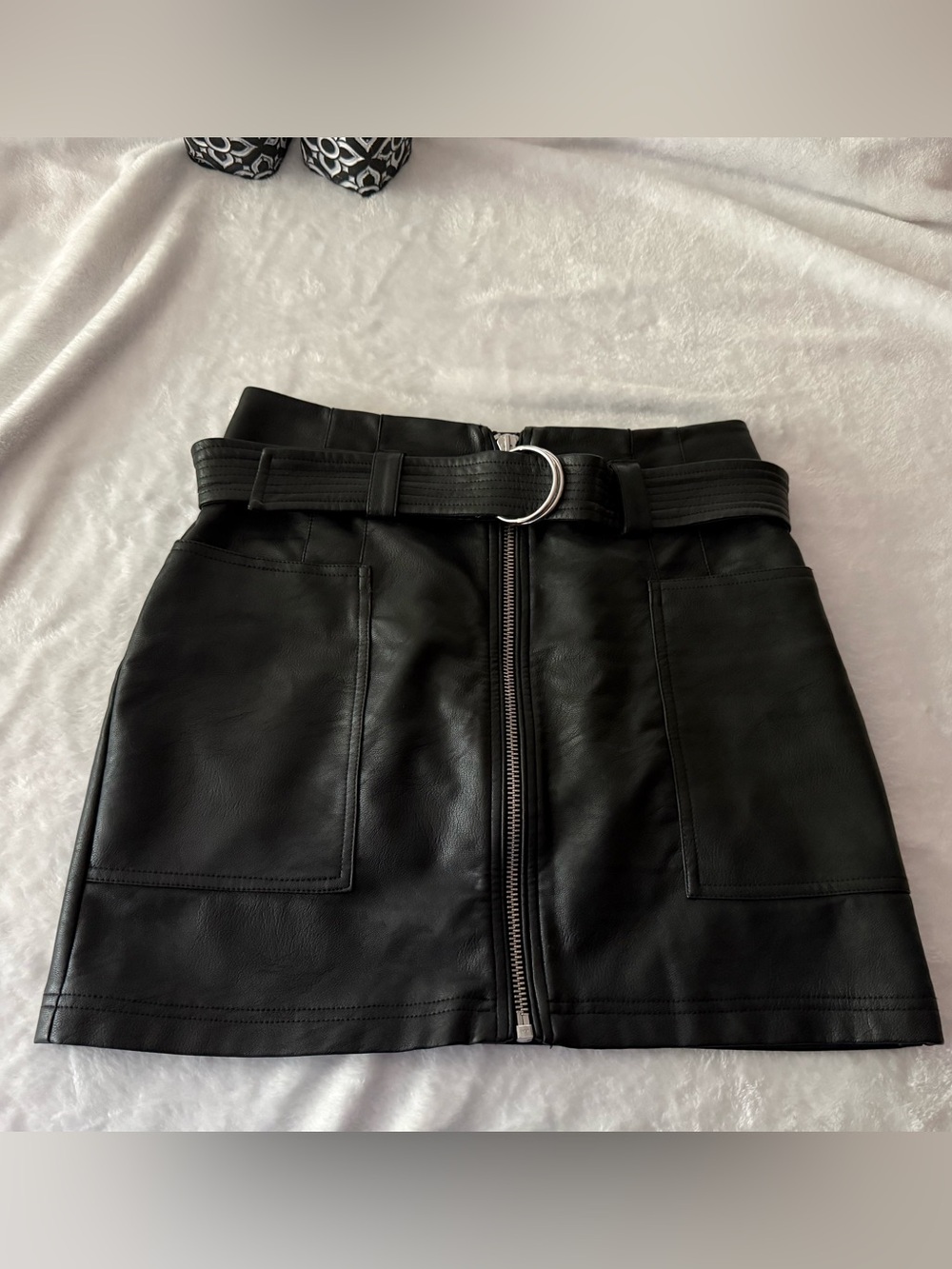 TopShop Black Faux Leather Belted Mini Skirt 8